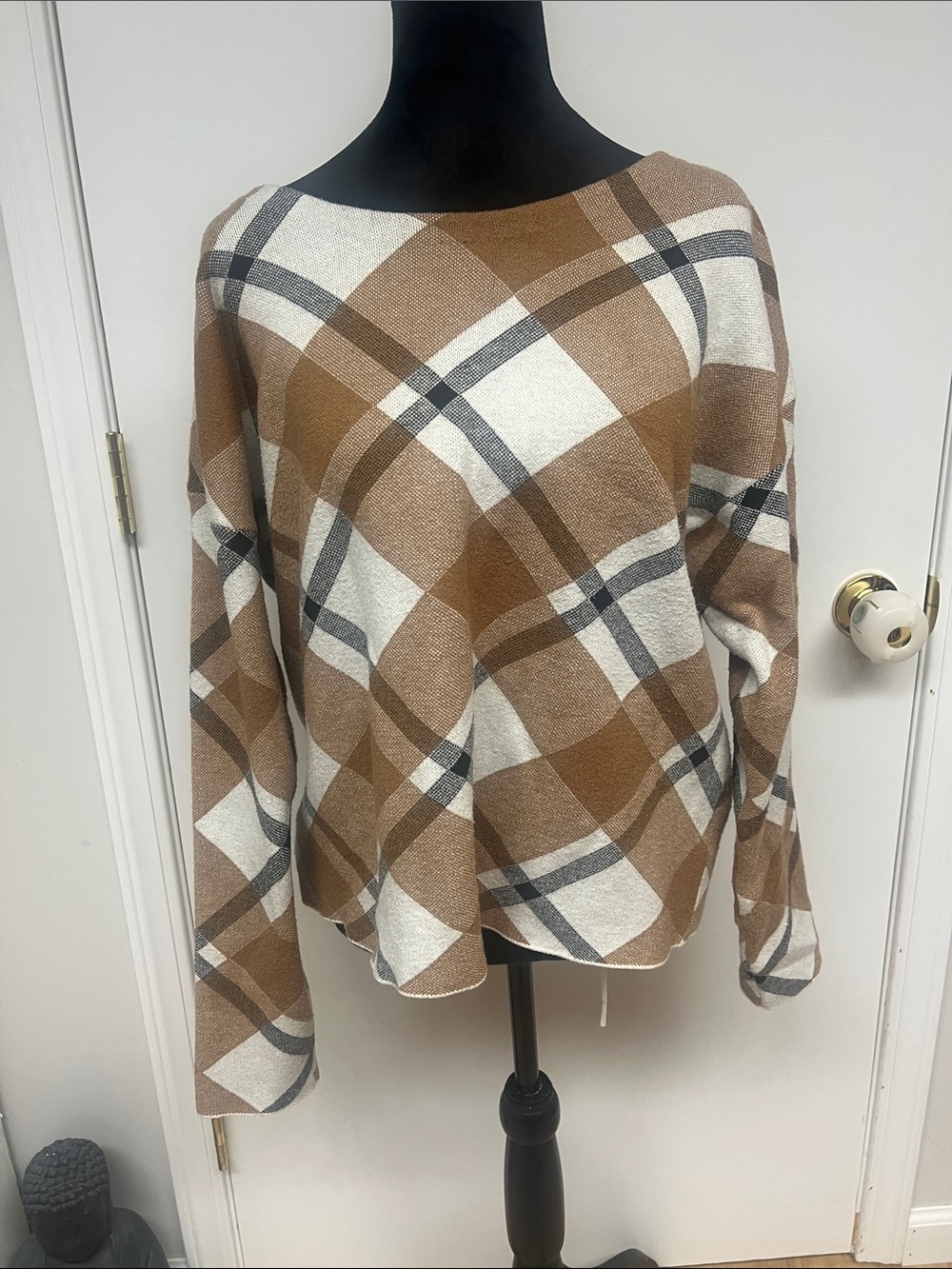 Women’s Plaid Boatneck Sweater - Camel & Cream Plaid